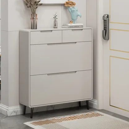 Drop-Front Beige Wood Entryway Shoe Cabinet with 2-Drawer Image - 9