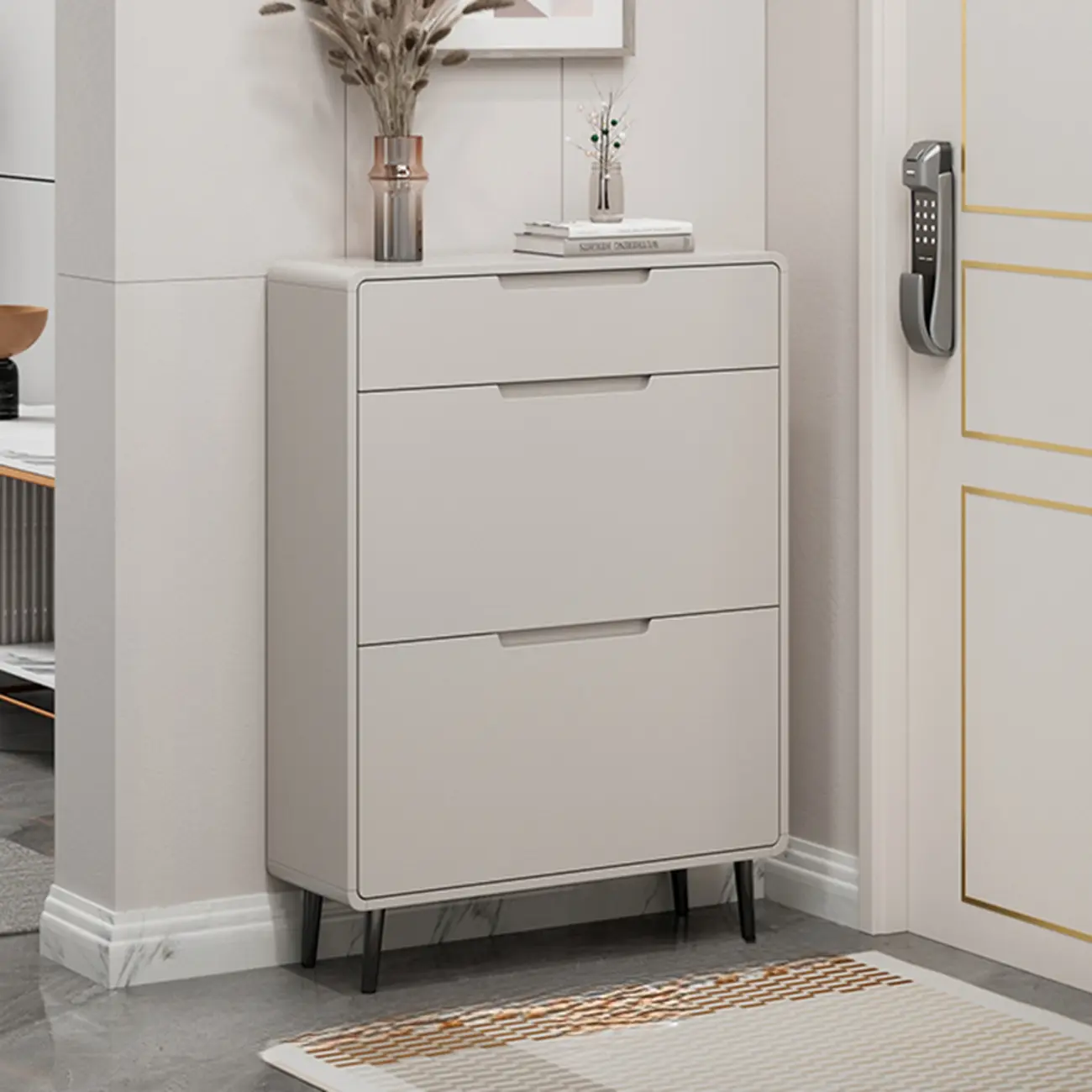 Drop-Front Beige Wood Entryway Shoe Cabinet with 2-Drawer Image - 11 | homeyfad