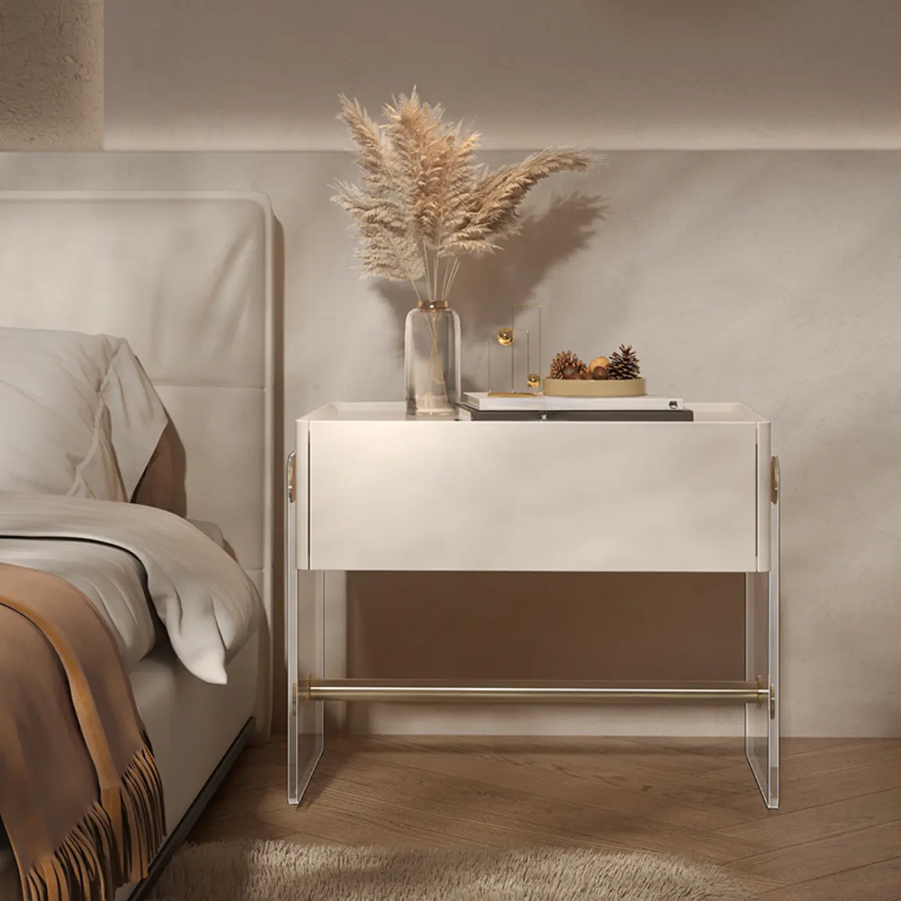 Modish White Acrylic 1-Drawer Nightstand with Shelf Image - 5 | homeyfad