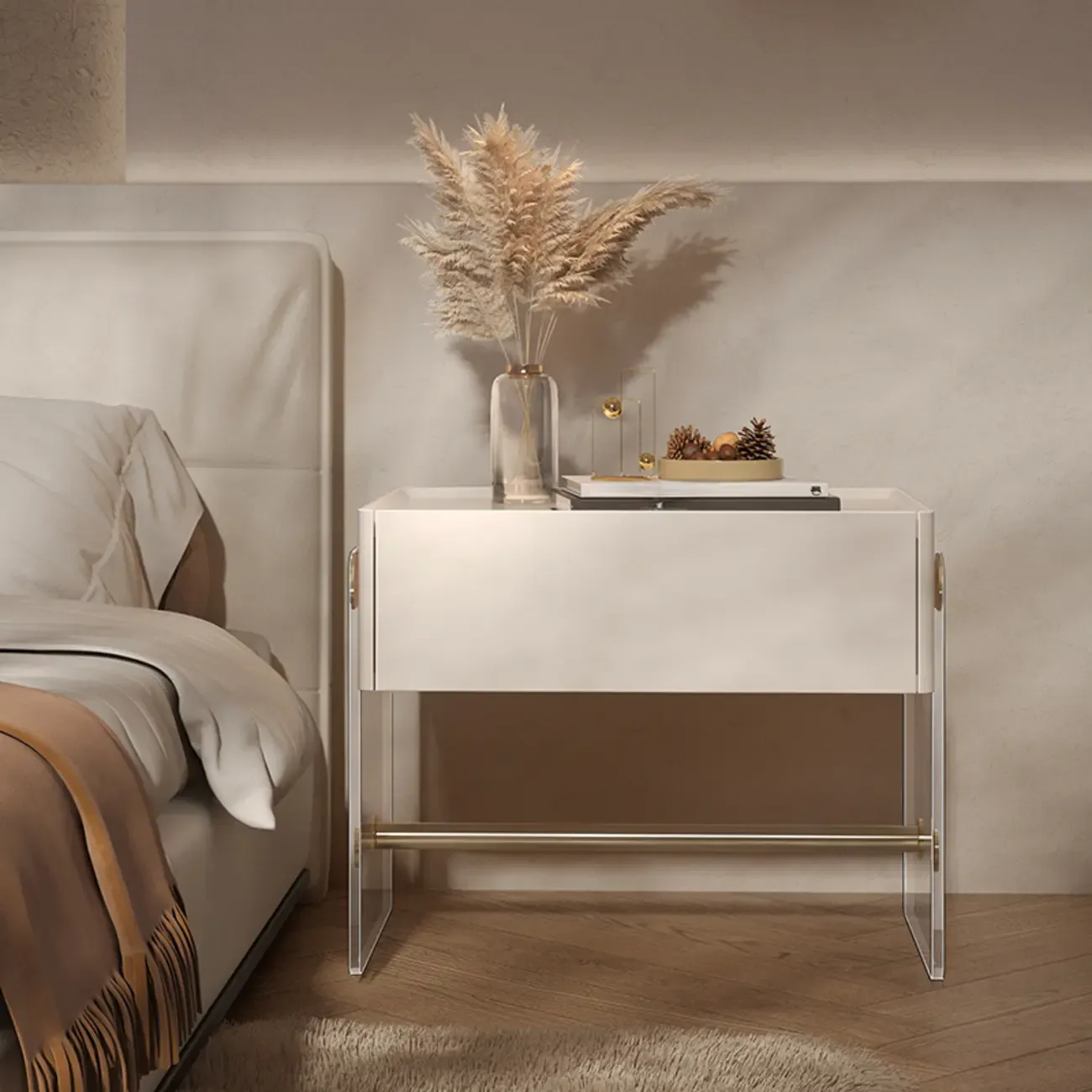 Modish White Acrylic 1-Drawer Nightstand with Shelf Image - 5