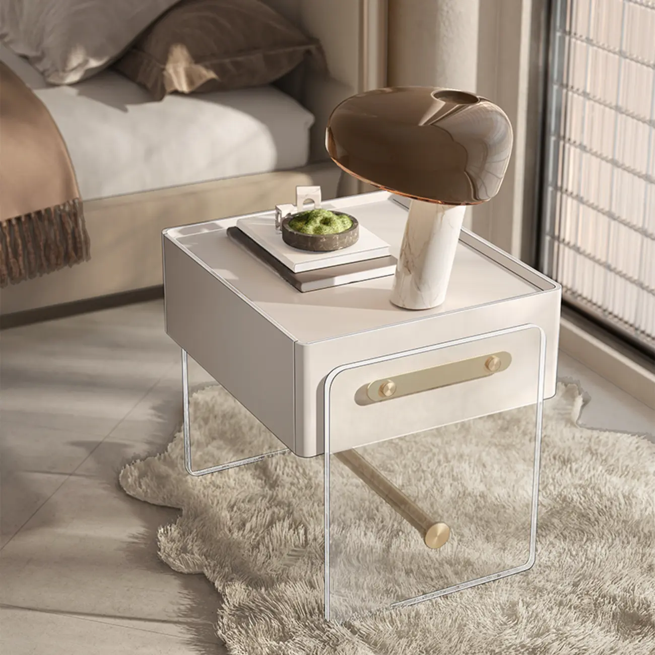 Modish White Acrylic 1-Drawer Nightstand with Shelf Image - 4 | homeyfad