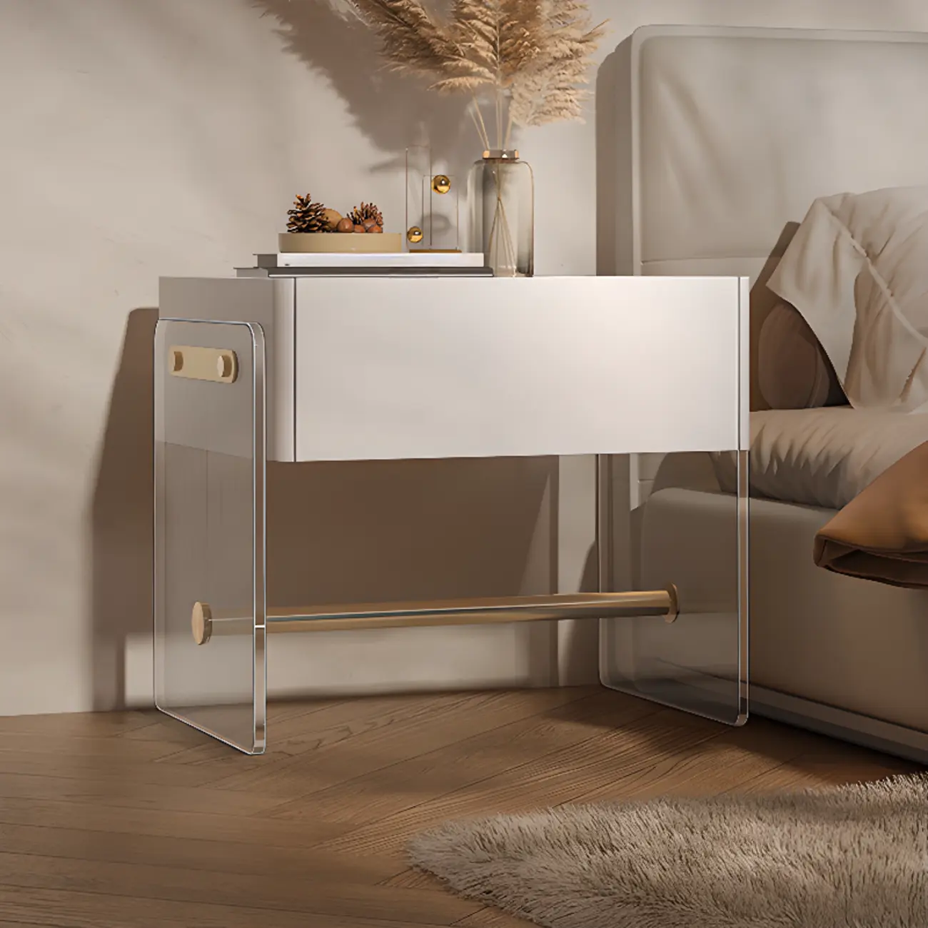 Modish White Acrylic 1-Drawer Nightstand with Shelf Image - 1 | homeyfad