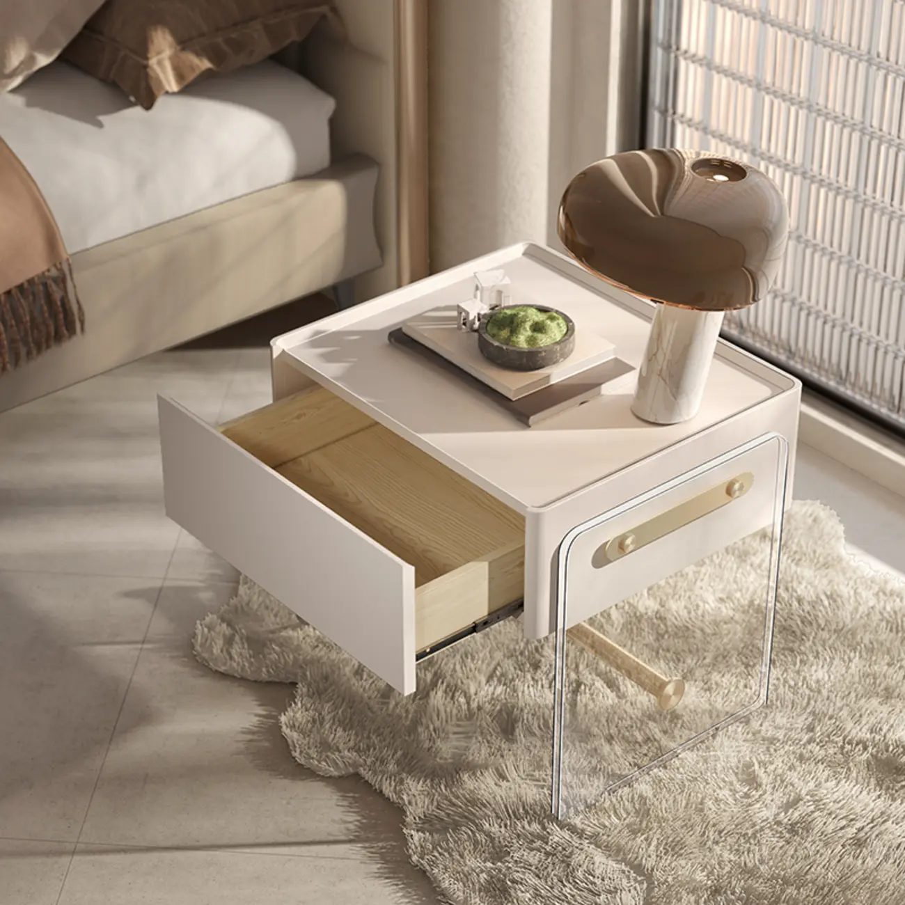 Modish White Acrylic 1-Drawer Nightstand with Shelf Image - 3 | homeyfad