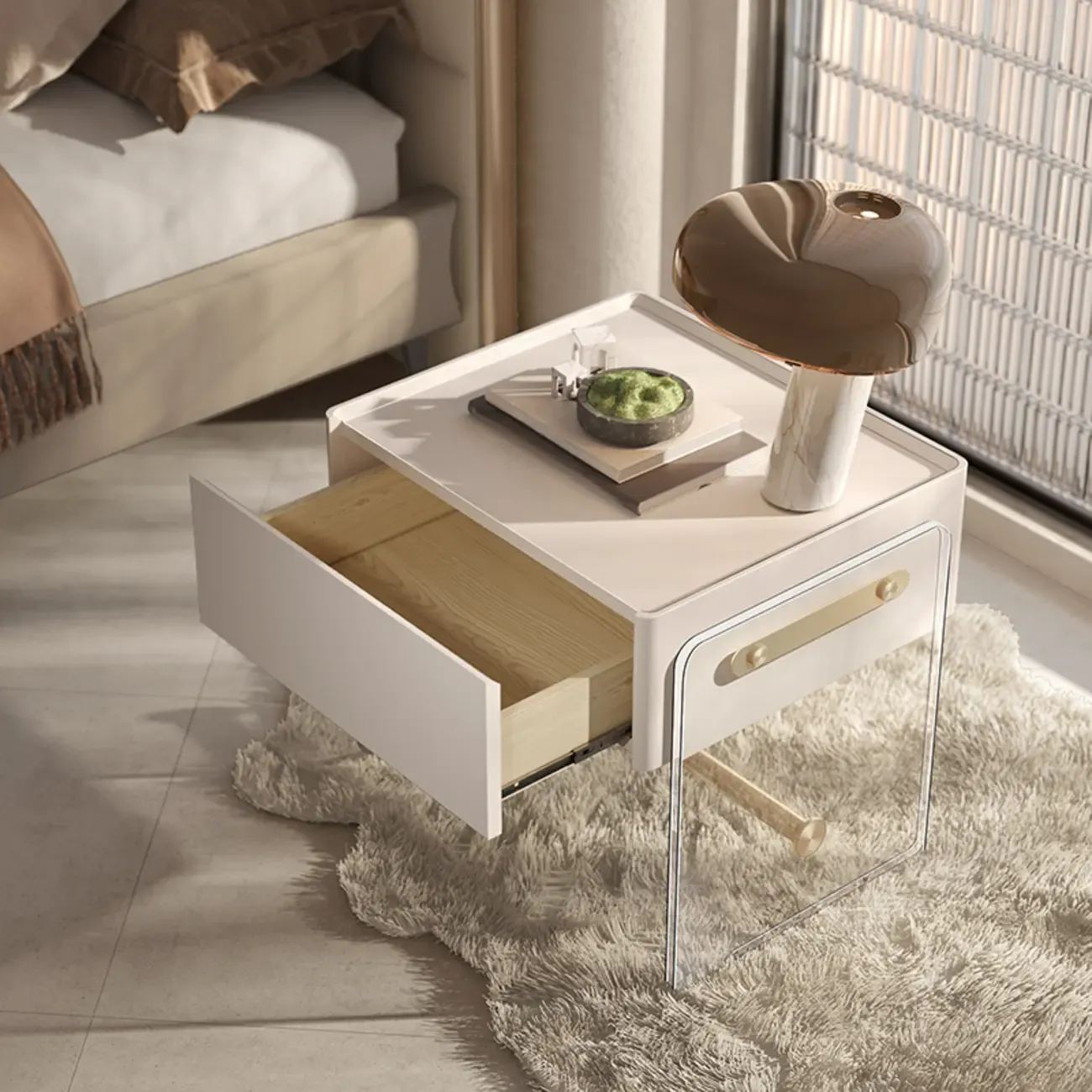 Modish White Acrylic 1-Drawer Nightstand with Shelf Image - 3