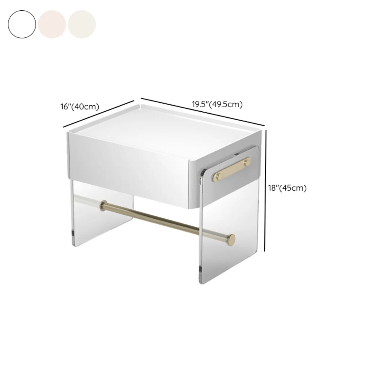 Modish White Acrylic 1-Drawer Nightstand with Shelf #size