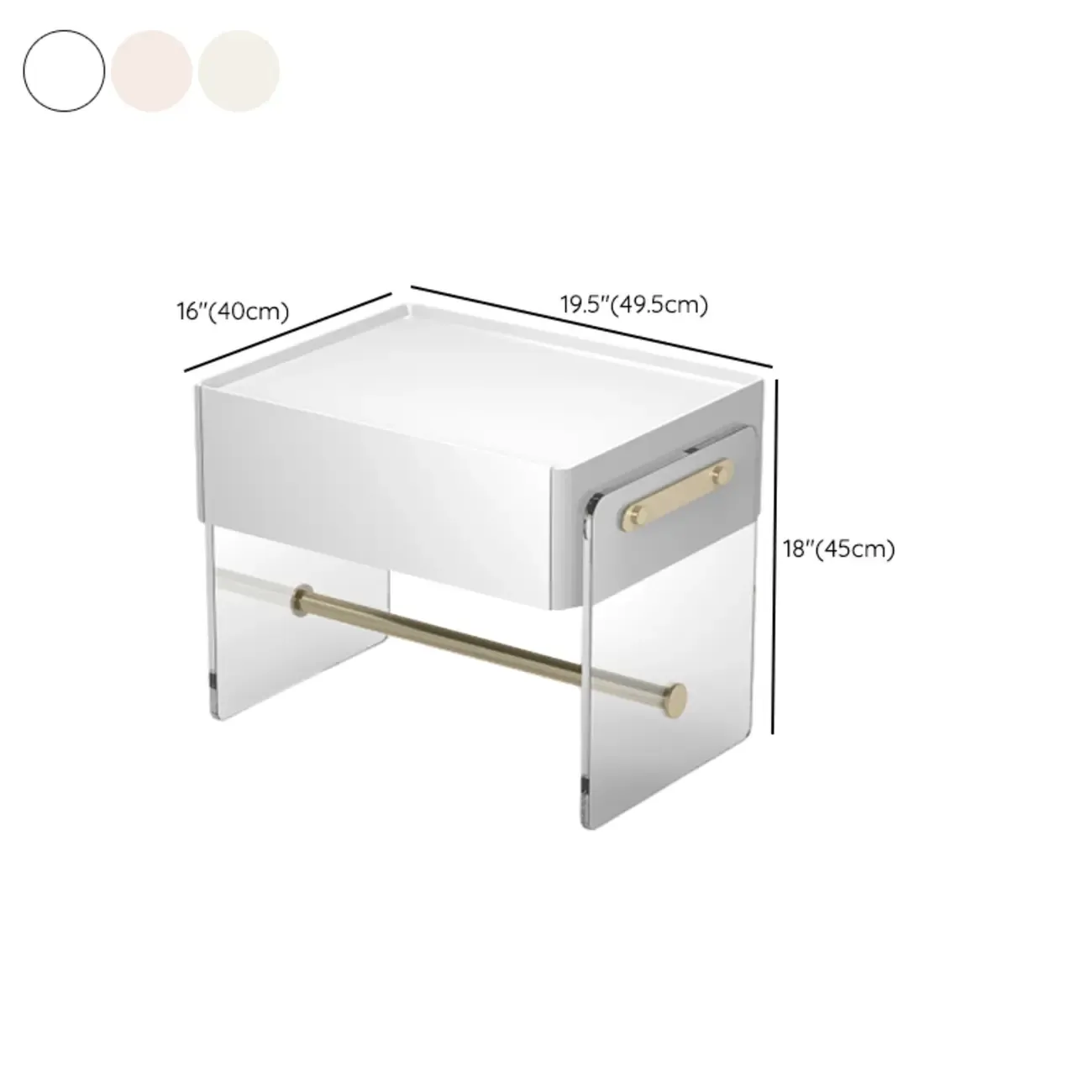 Modish White Acrylic 1-Drawer Nightstand with Shelf #size