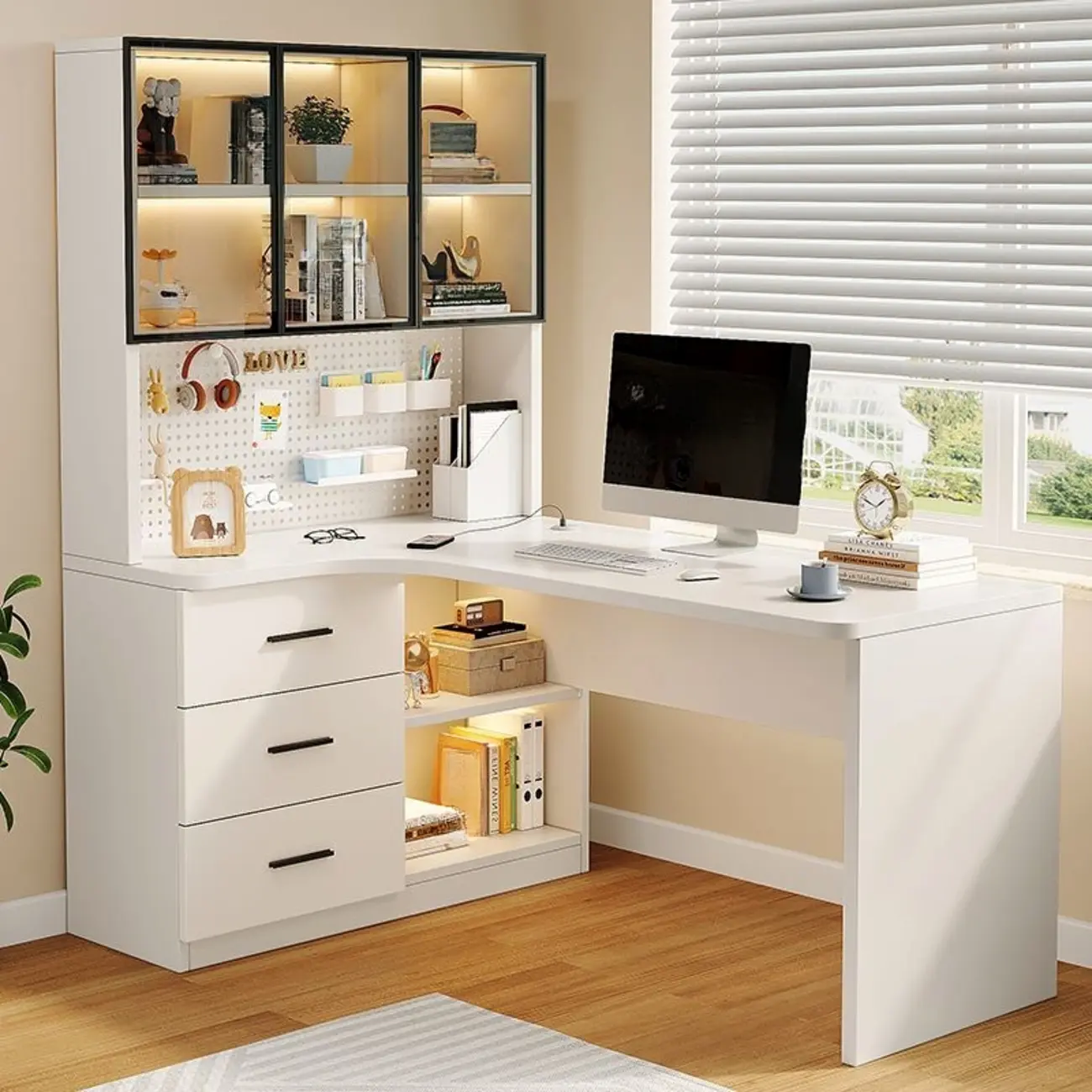 L-Shaped White Wood Office Desk with Hutch and Cabinet Image - 1 | homeyfad
