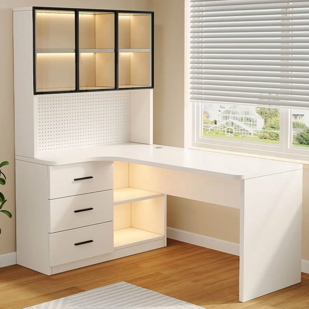 L-Shaped White Wood Office Desk with Hutch and Cabinet Image - 2 | homeyfad