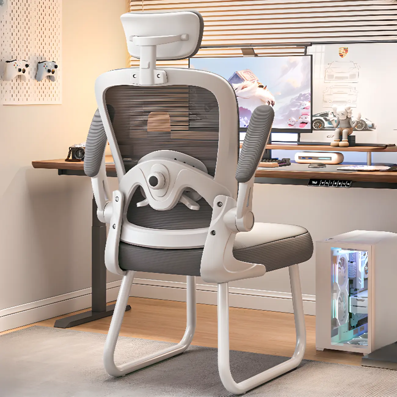 Ergonomic White Mesh Office Chair with Filp-Up Armrest Image - 1 | homeyfad