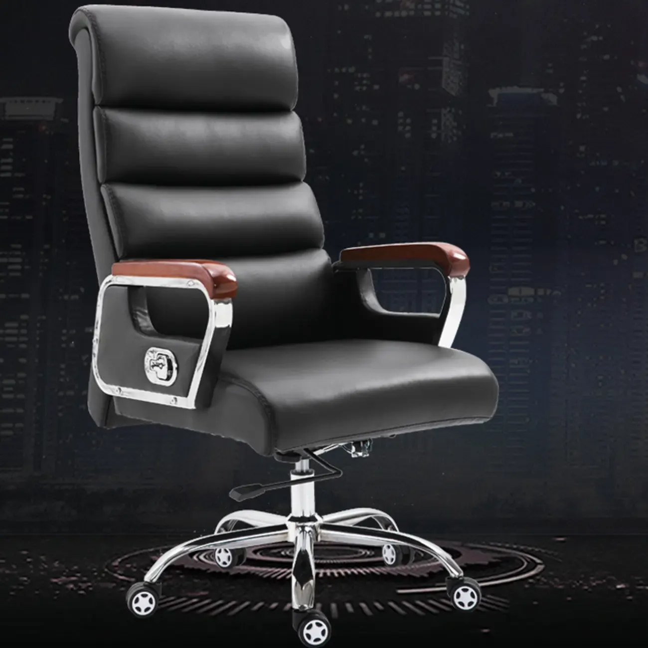 Black Leather Tilt Swivel Office Chair Image - 3