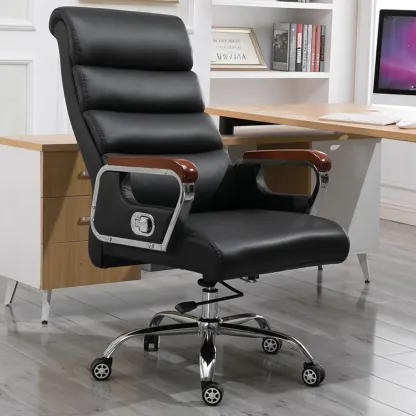 Black Leather Tilt Swivel Office Chair Image - 2