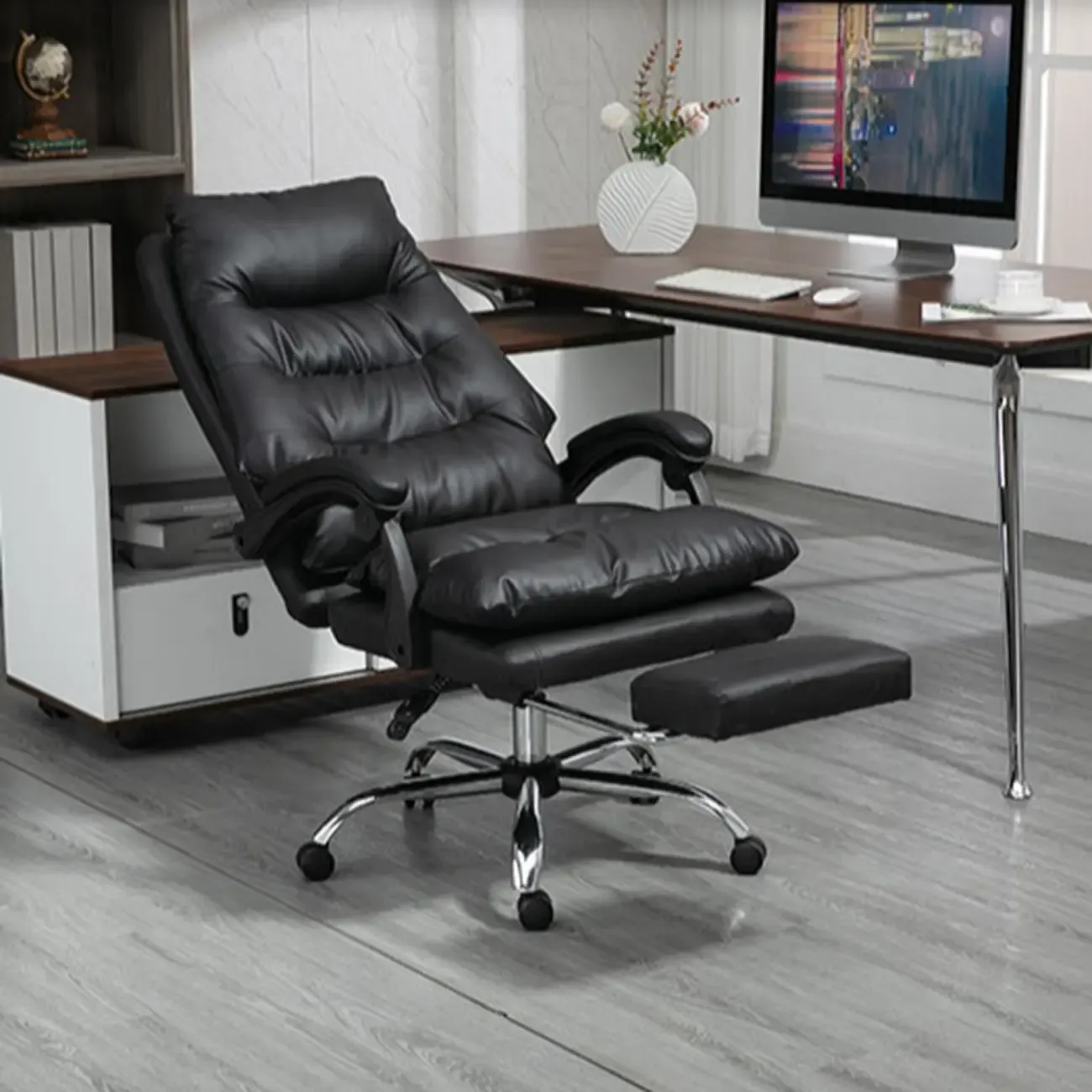 Reclining Black Leather Upholstered Office Chair Image - 1
