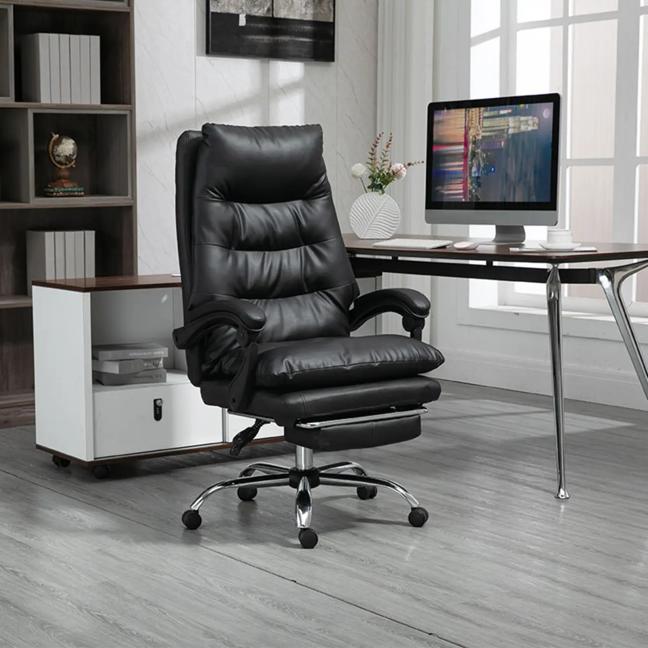 Reclining Black Leather Upholstered Office Chair Image - 2 | homeyfad