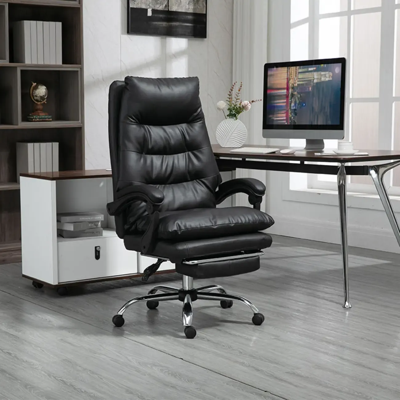 Reclining Black Leather Upholstered Office Chair Image - 2