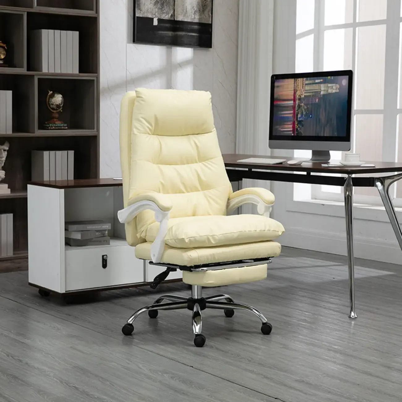 Reclining Black Leather Upholstered Office Chair Image - 3