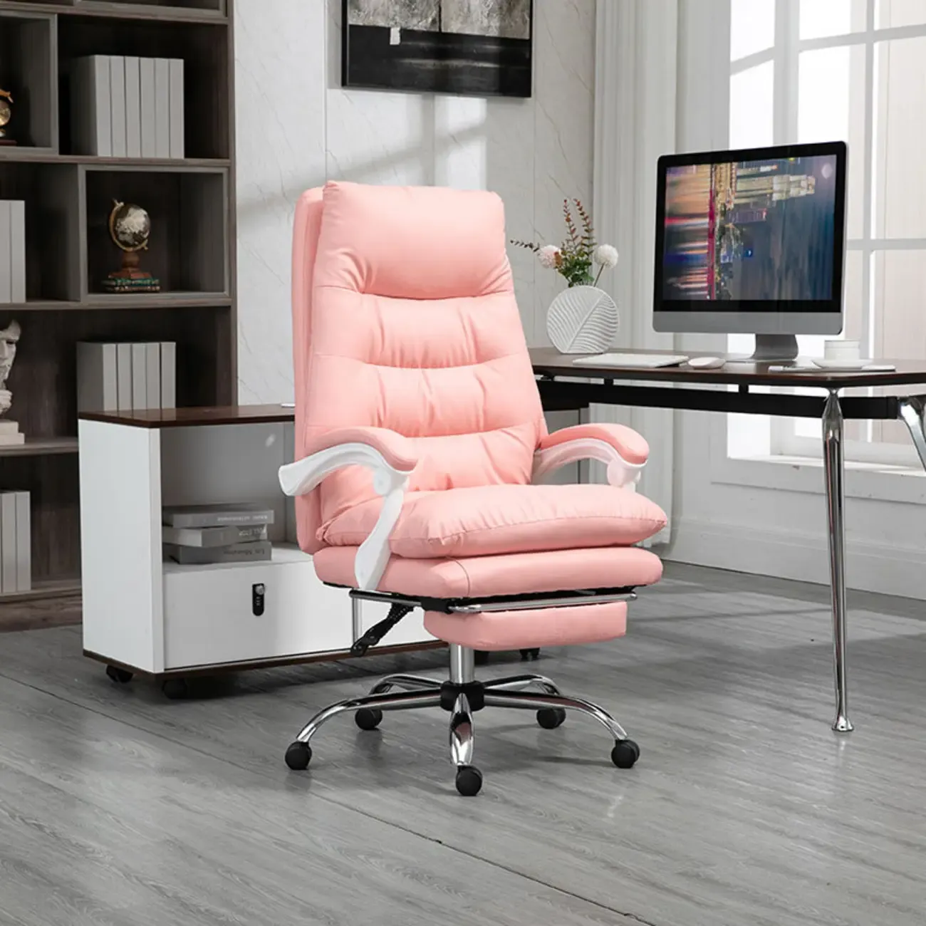 Reclining Black Leather Upholstered Office Chair Image - 6
