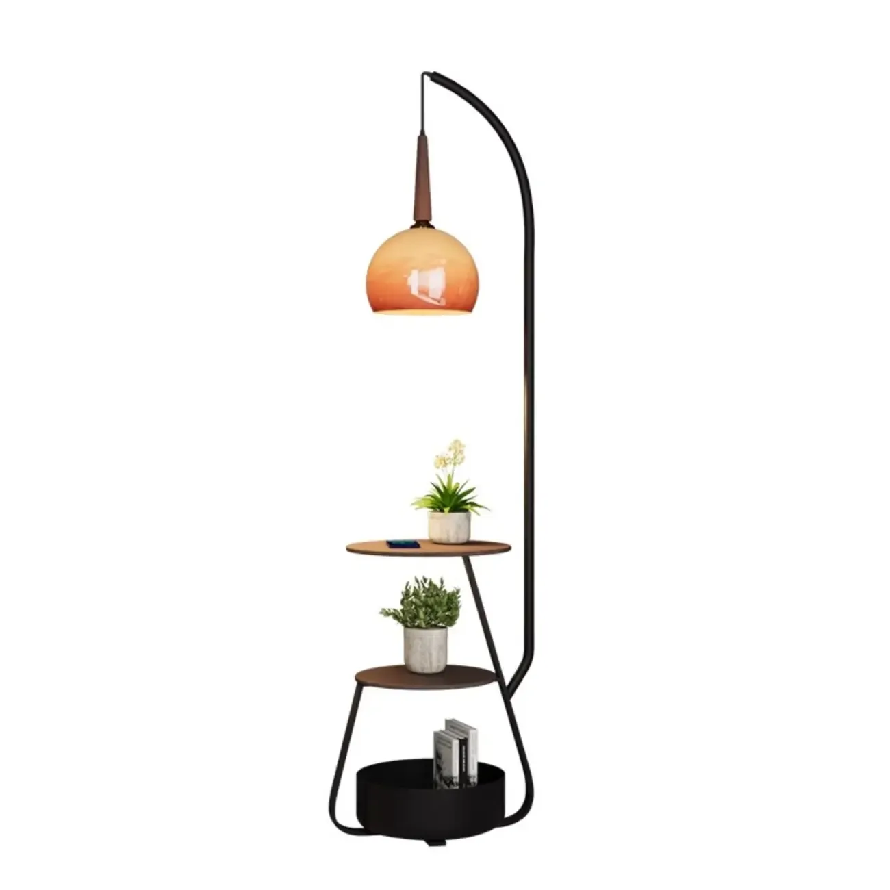 Elegant Orange Arc Floor Lamp with Shelves for Living Room