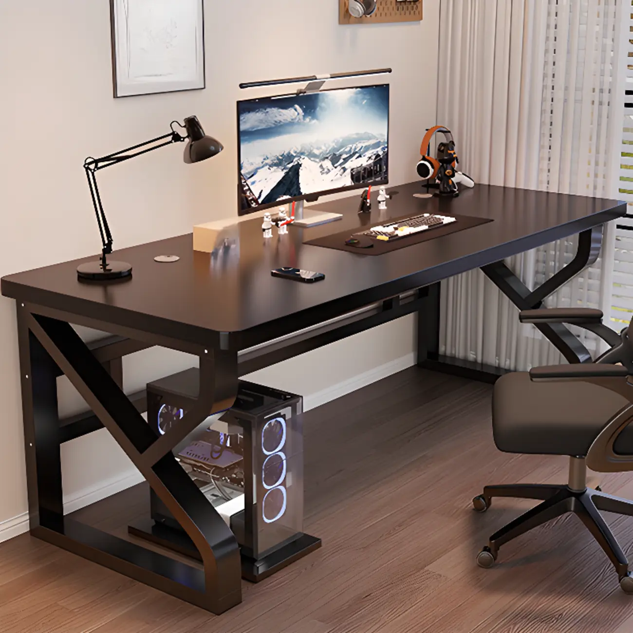 Large Black Wood Metal Office Desk with Cable Management Image - 1 | homeyfad