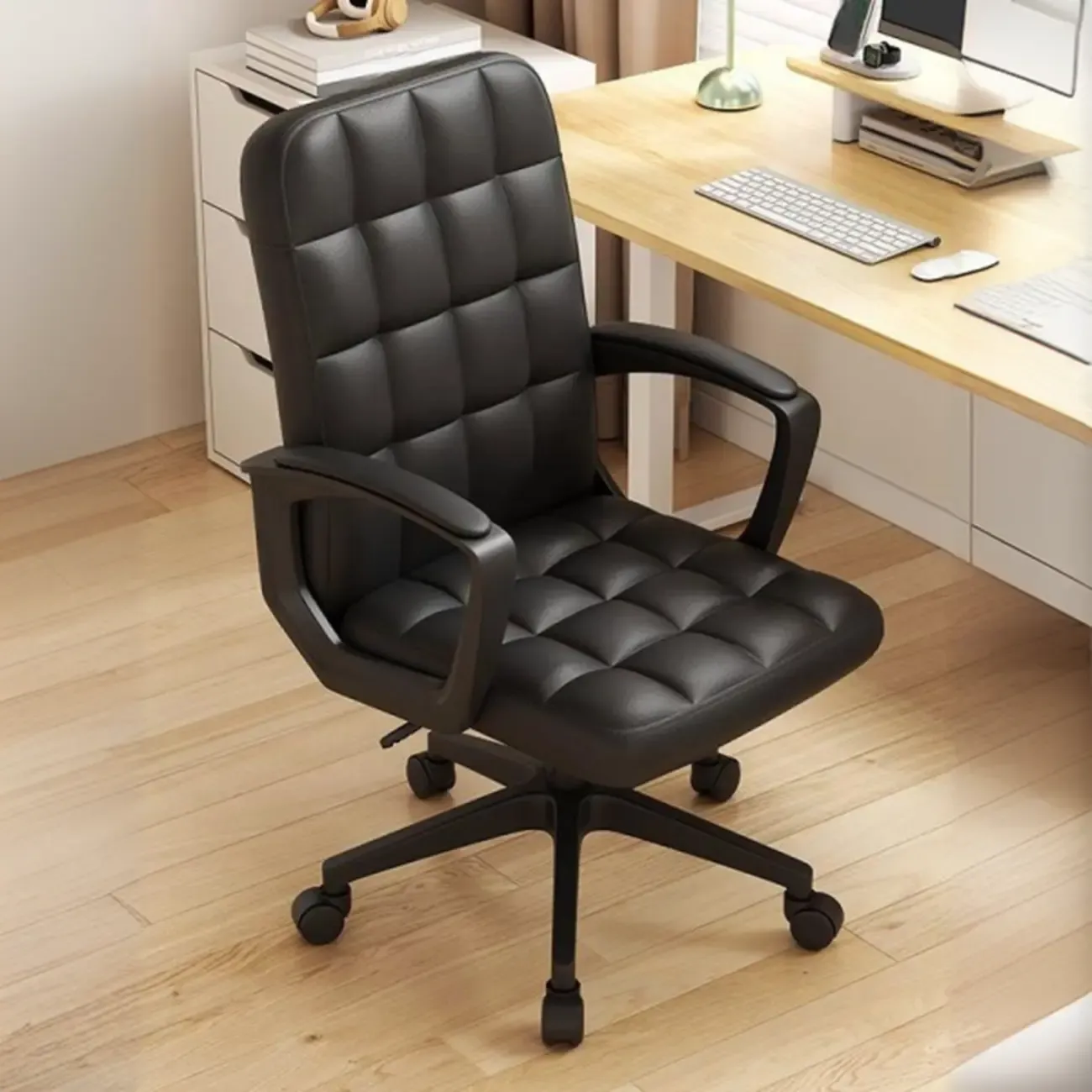 Modern Black Faux Leather Adjustable Swivel Office Chair Image - 1