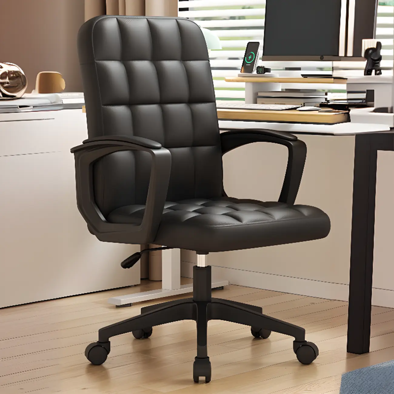 Modern Black Faux Leather Adjustable Swivel Office Chair Image - 2 | homeyfad