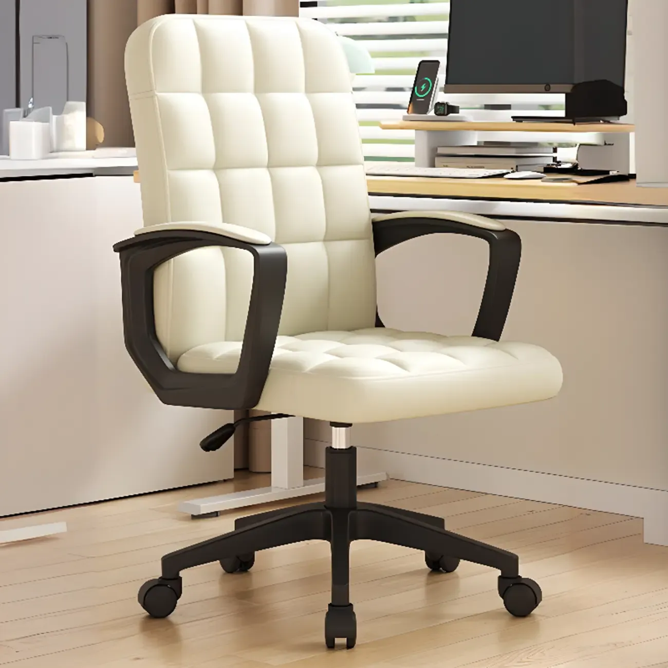 Modern Black Faux Leather Adjustable Swivel Office Chair Image - 5