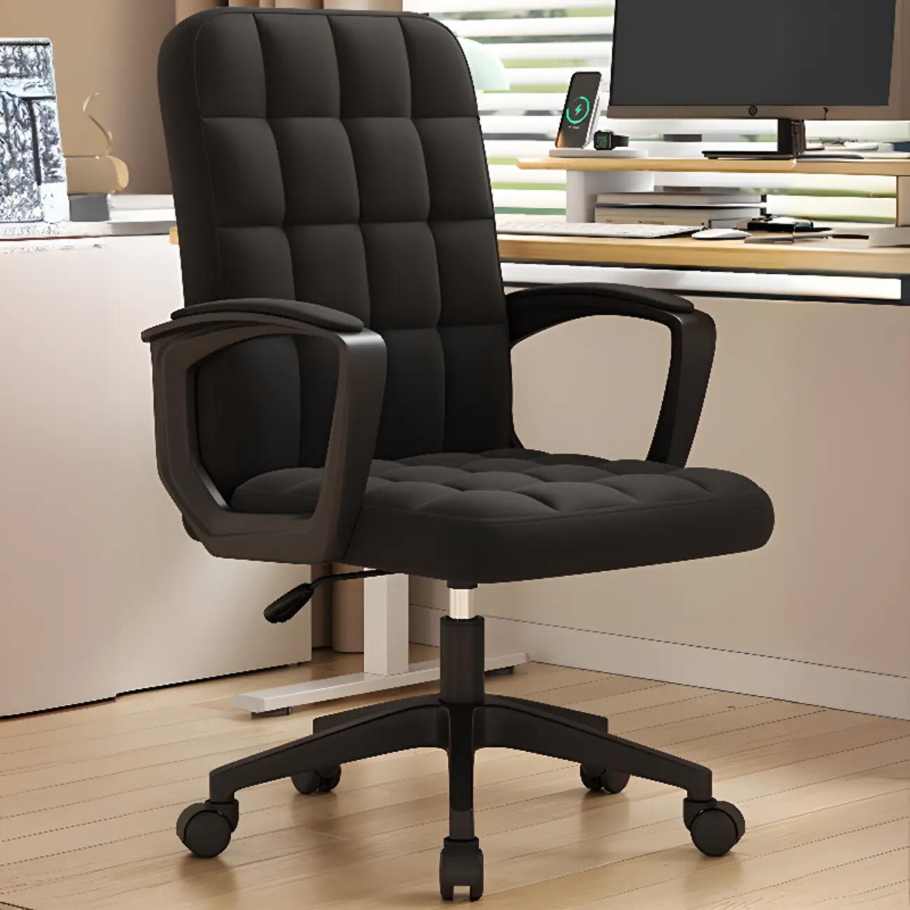Modern Black Faux Leather Adjustable Swivel Office Chair Image - 7 | homeyfad