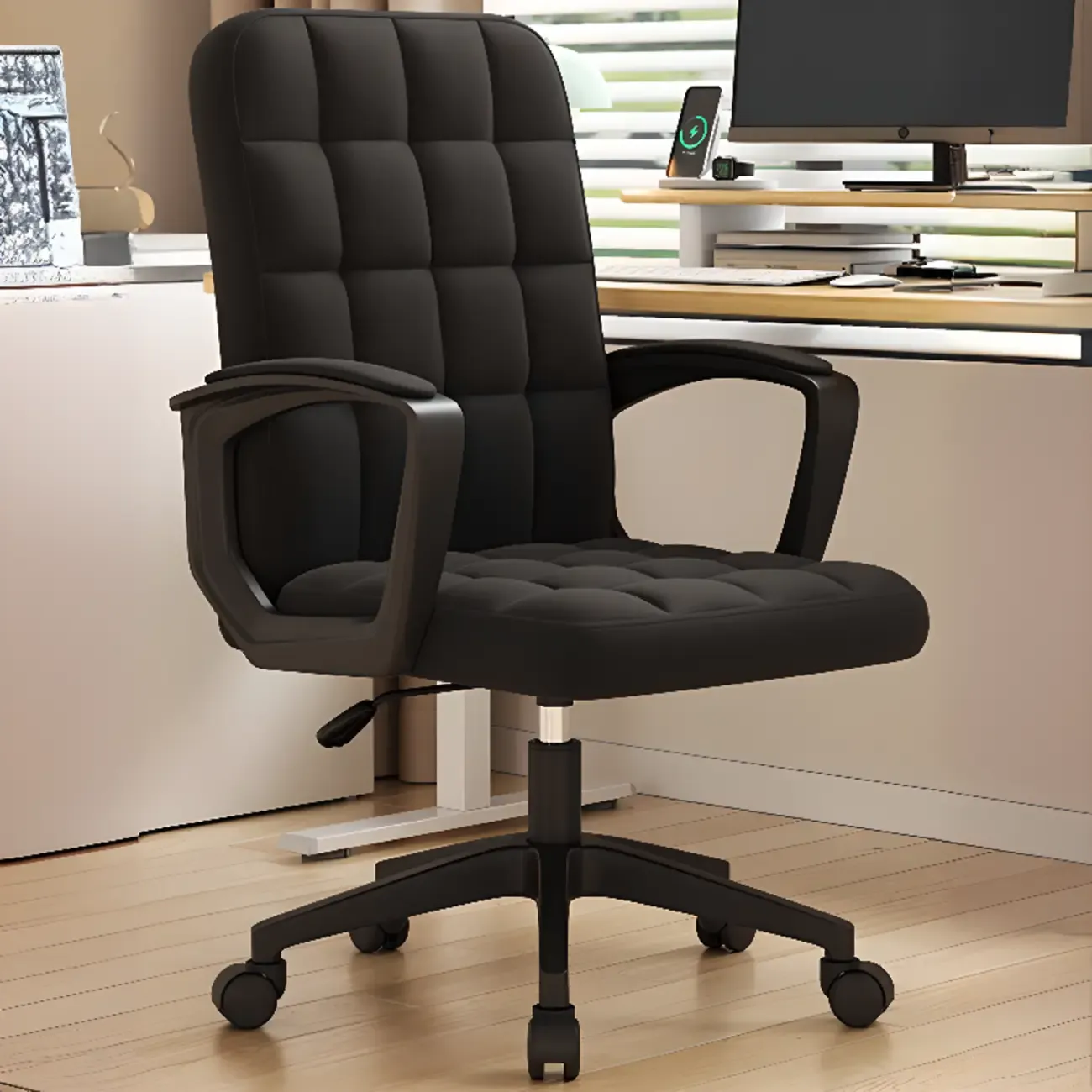 Modern Black Faux Leather Adjustable Swivel Office Chair Image - 7