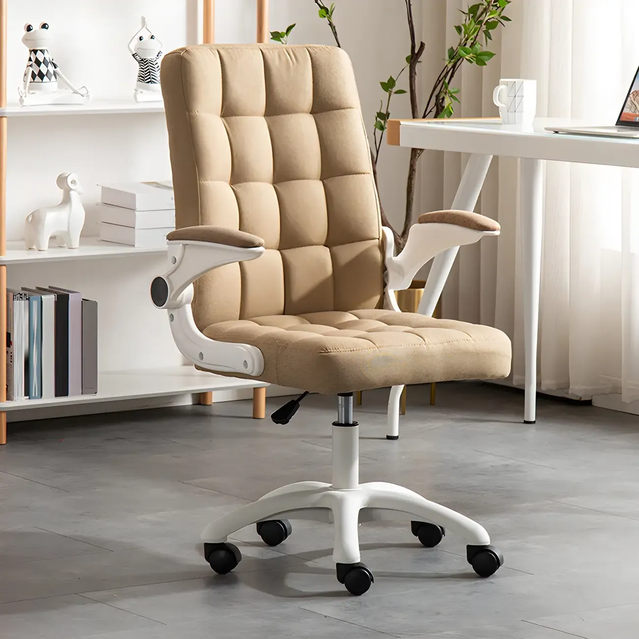 Tufted Brown Faux Leather Adjustable Swivel Office Chair Image - 5