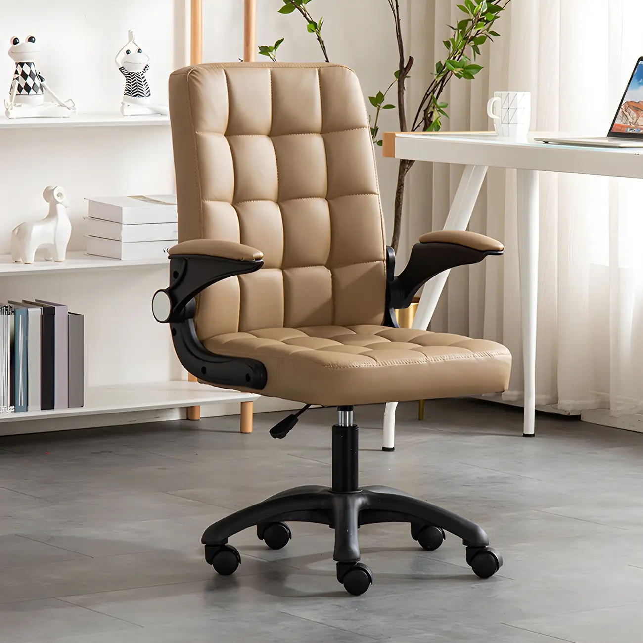 Tufted Brown Faux Leather Adjustable Swivel Office Chair Image - 3 | homeyfad