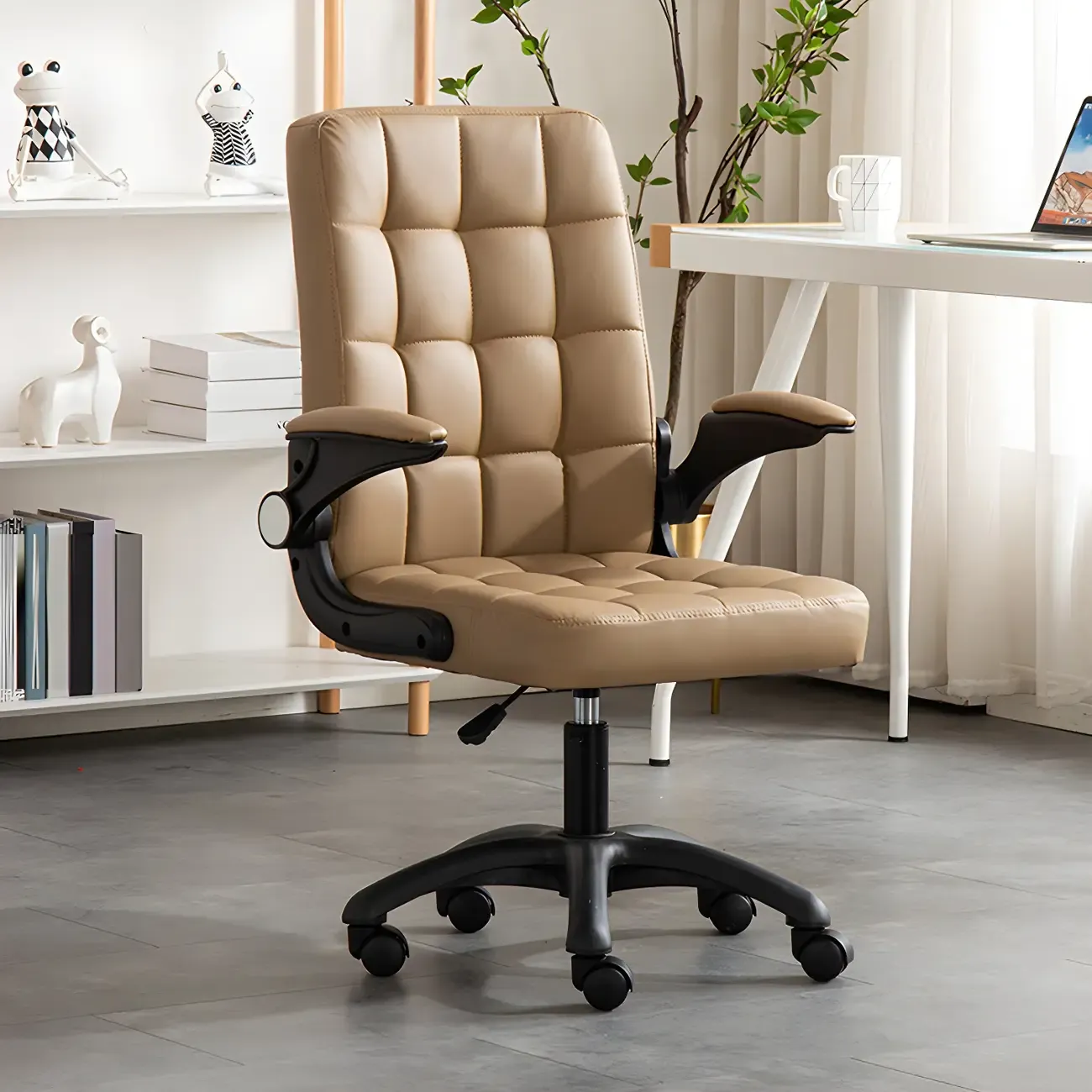 Tufted Brown Faux Leather Adjustable Swivel Office Chair Image - 3