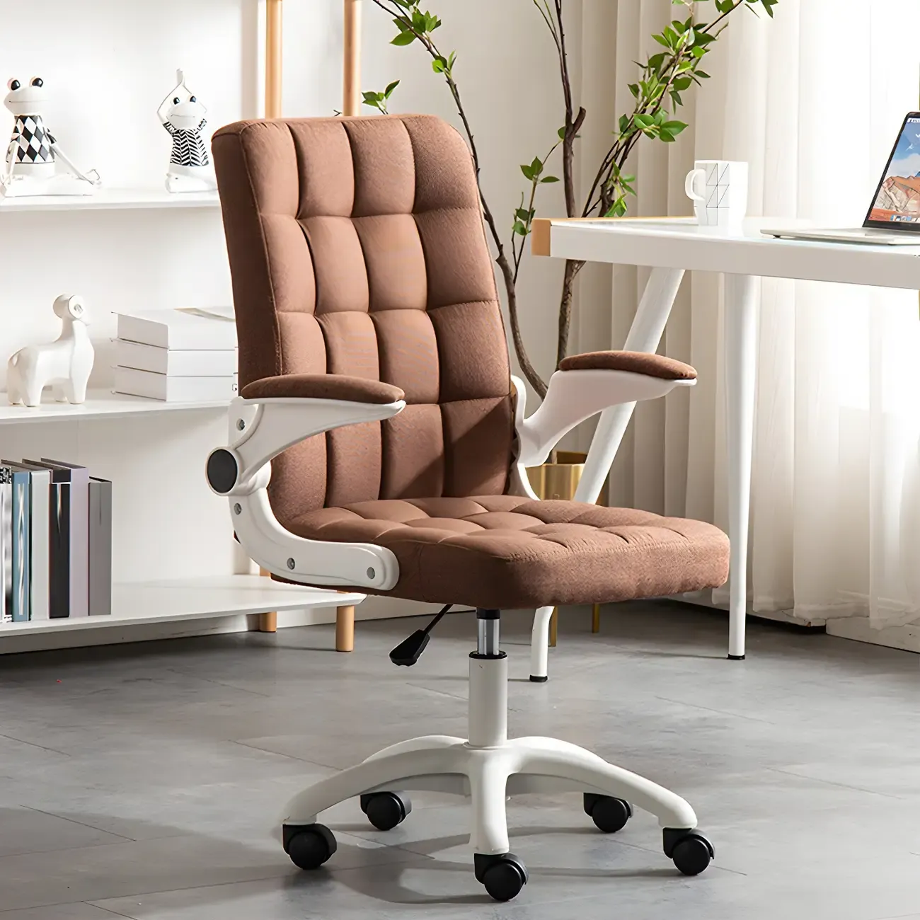 Tufted Brown Faux Leather Adjustable Swivel Office Chair Image - 7