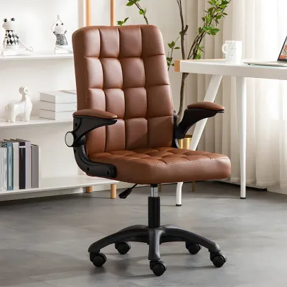 Tufted Brown Faux Leather Adjustable Swivel Office Chair Image - 1
