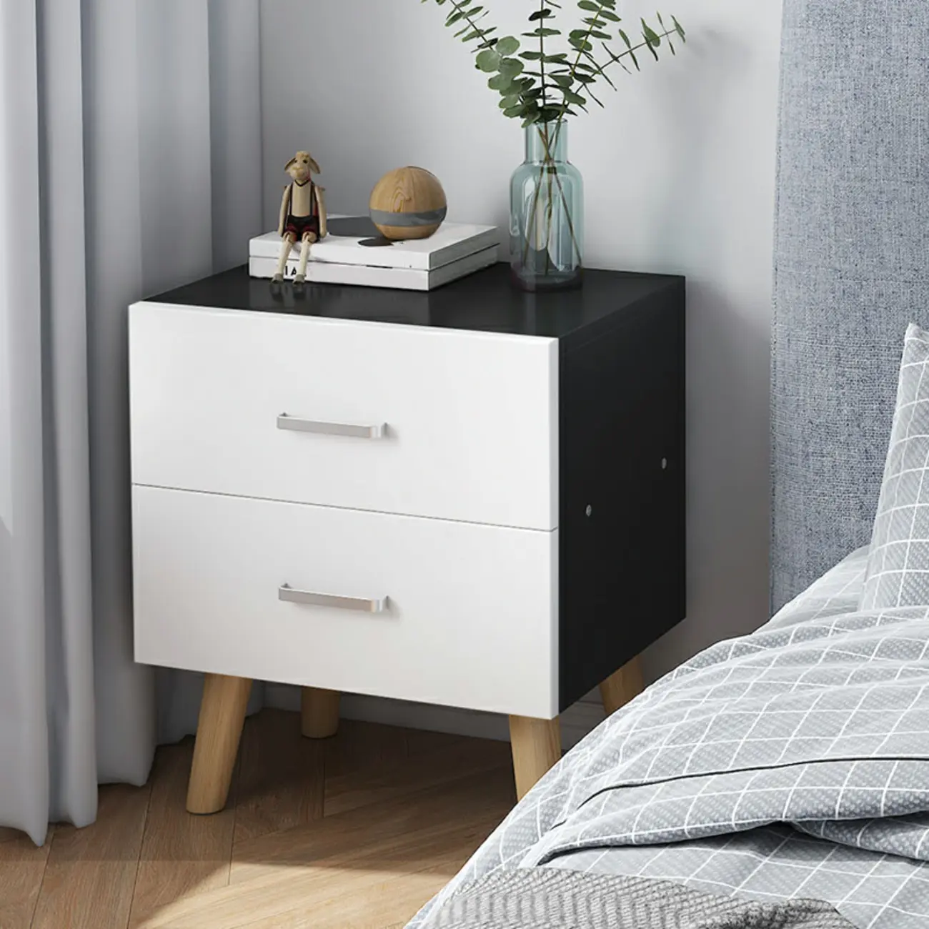 Modern Black White Wood 2-Drawer Nightstand Image - 1 | homeyfad