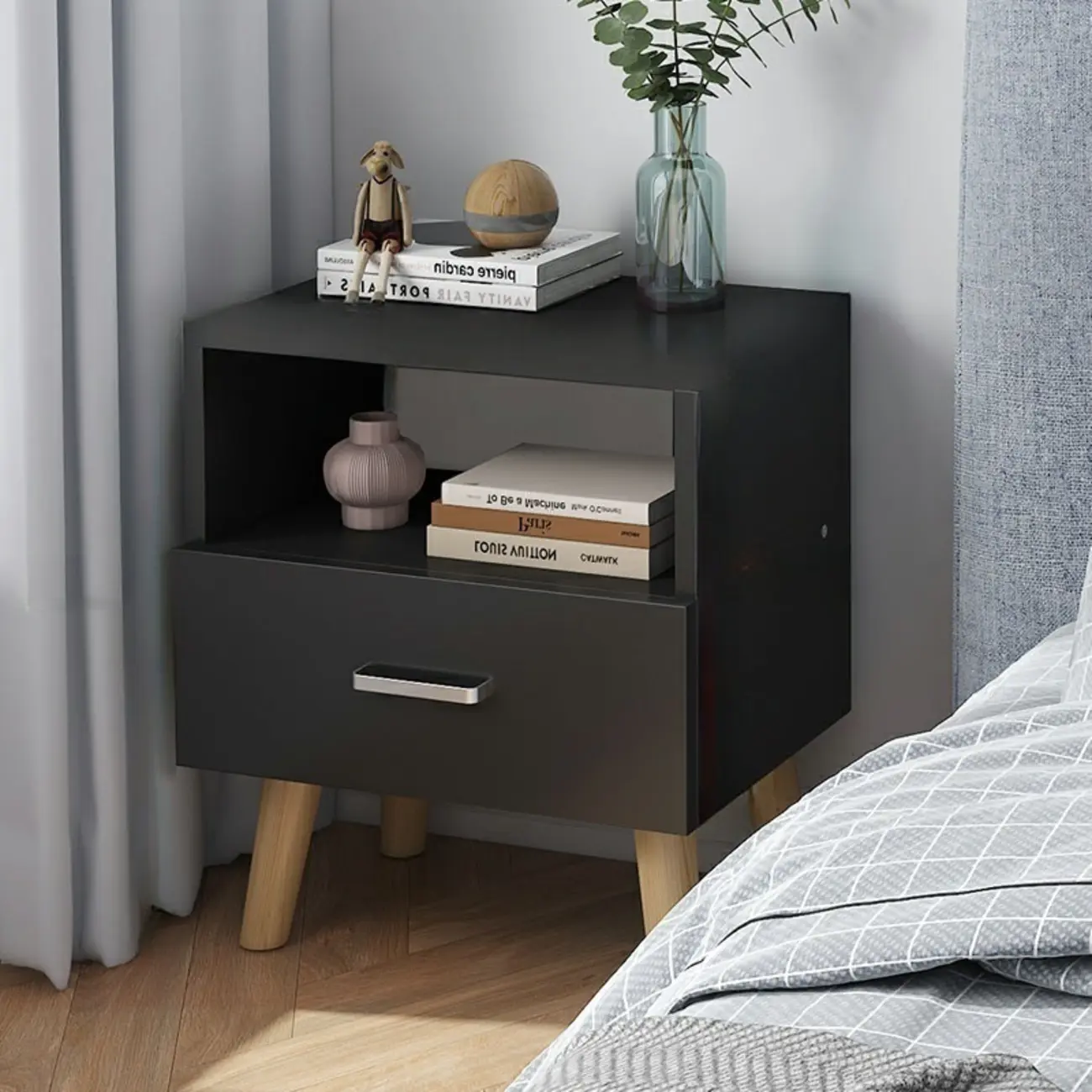 Modern Black White Wood 2-Drawer Nightstand Image - 2 | homeyfad