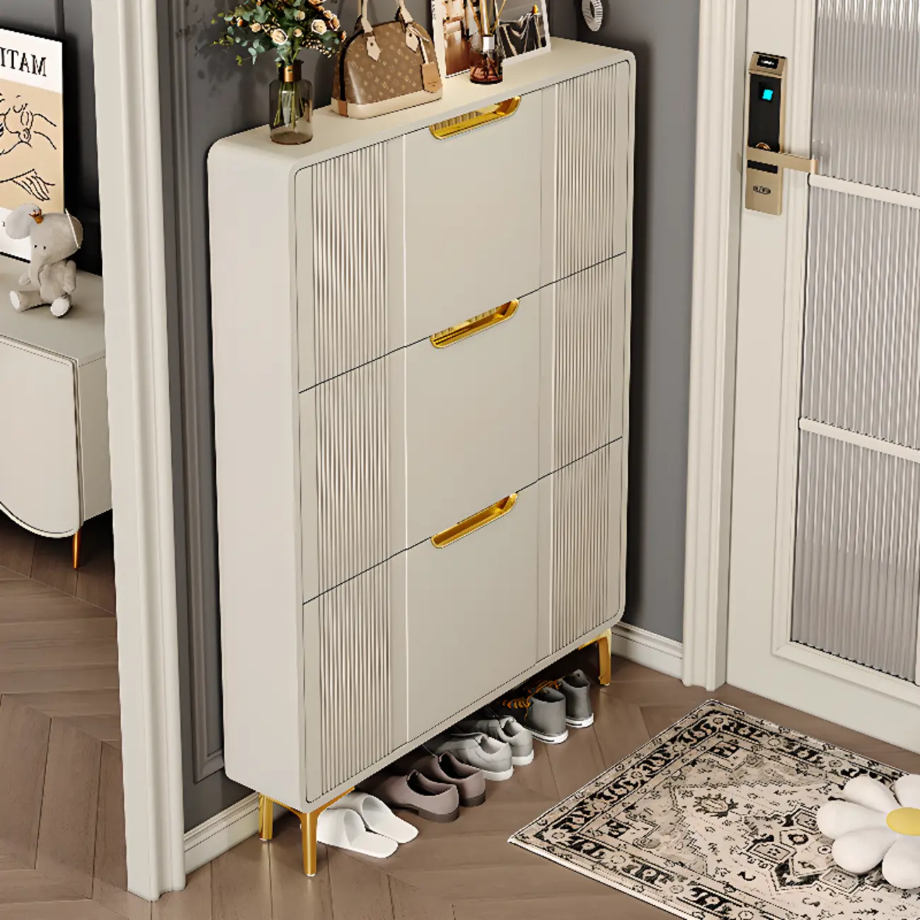 Slim White Drop-Front Shoe Cabinet for Entryway Image - 1 | homeyfad