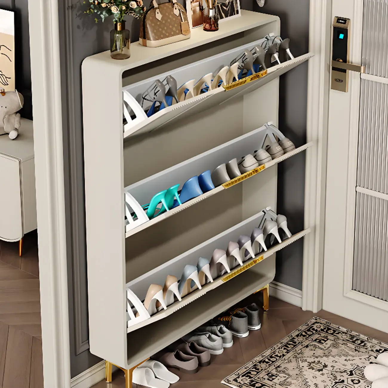 Slim White Drop-Front Shoe Cabinet for Entryway Image - 2
