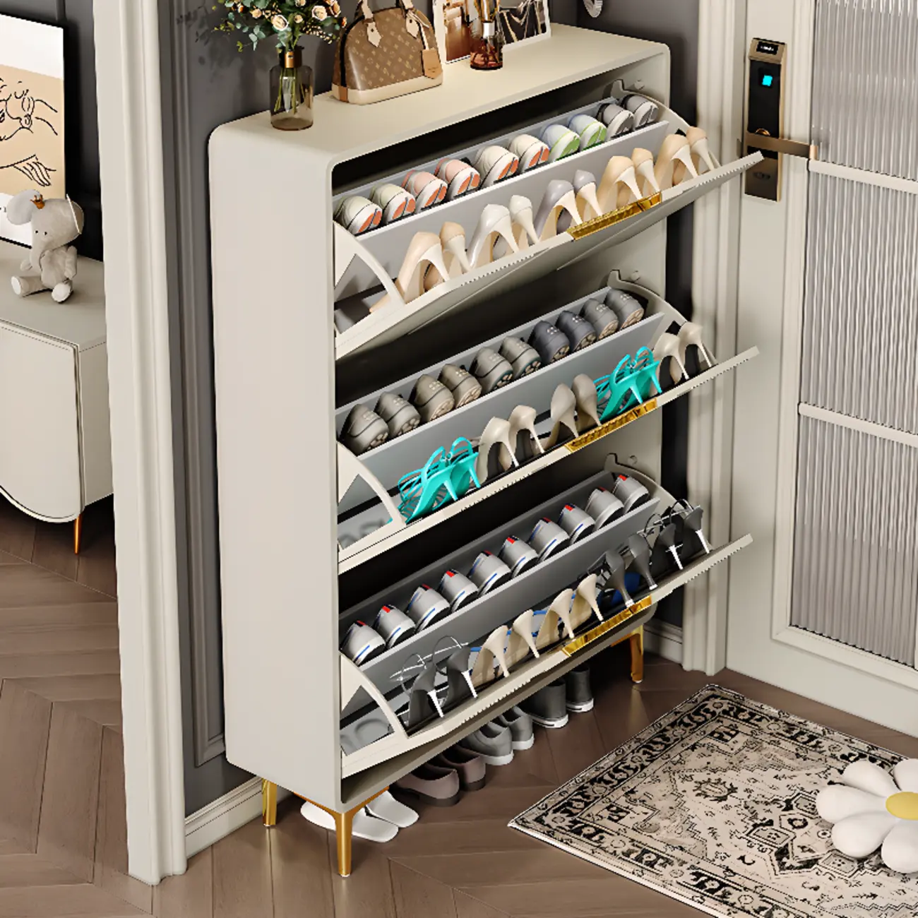 Slim White Drop-Front Shoe Cabinet for Entryway Image - 6 | homeyfad