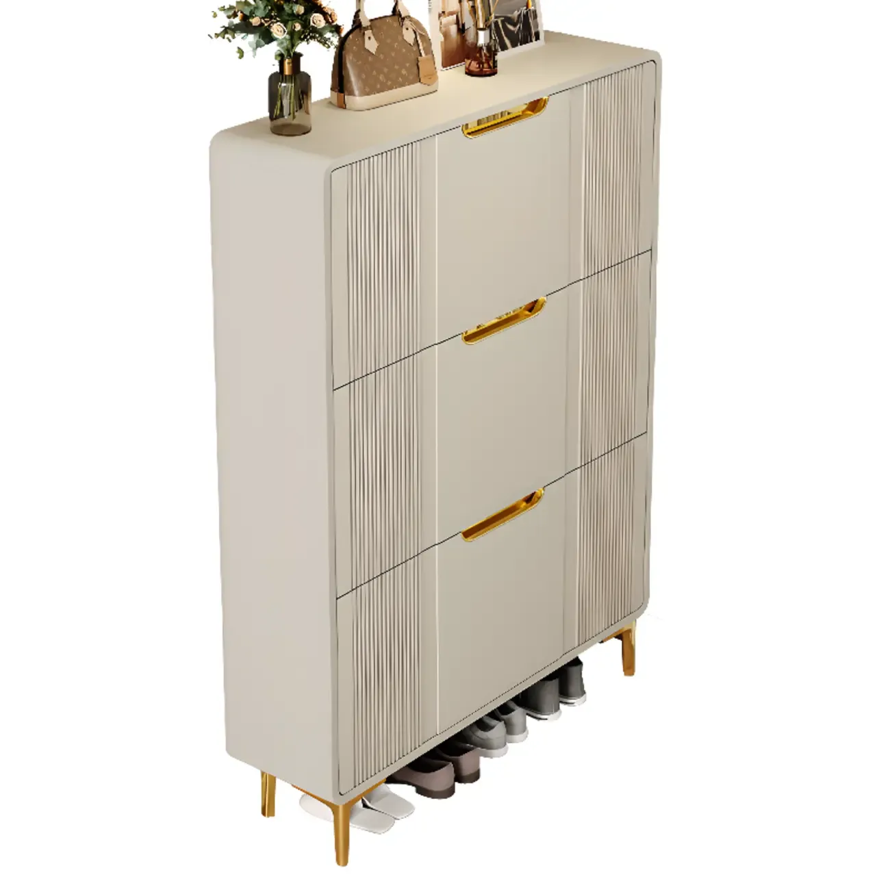 Slim White Drop-Front Shoe Cabinet for Entryway Image - 8