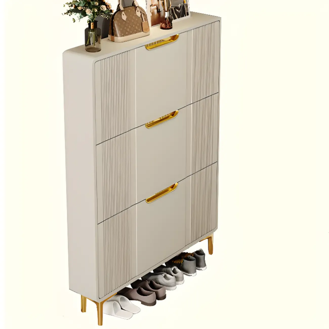 Slim White Drop-Front Shoe Cabinet for Entryway Image - 28