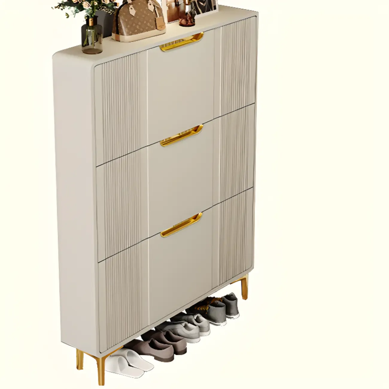 Slim White Drop-Front Shoe Cabinet for Entryway Image - 29