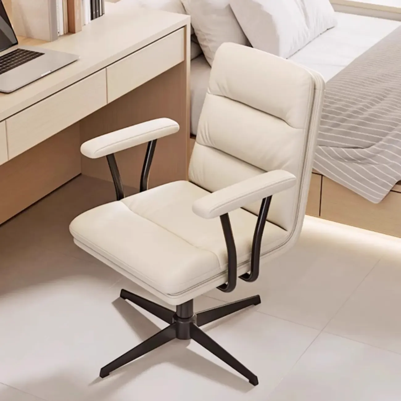 Elegant White Leather Ergonomic Swivel Office Chair Image - 7