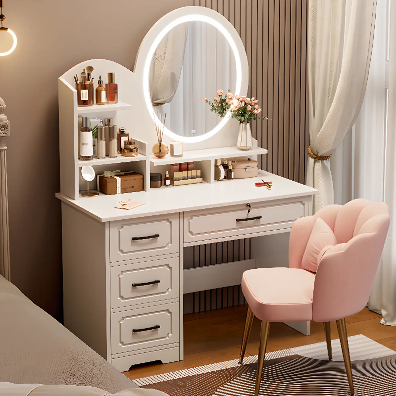 Bedroom White Wood Vanity Set with LED Mirror and Storage Image - 1 | homeyfad