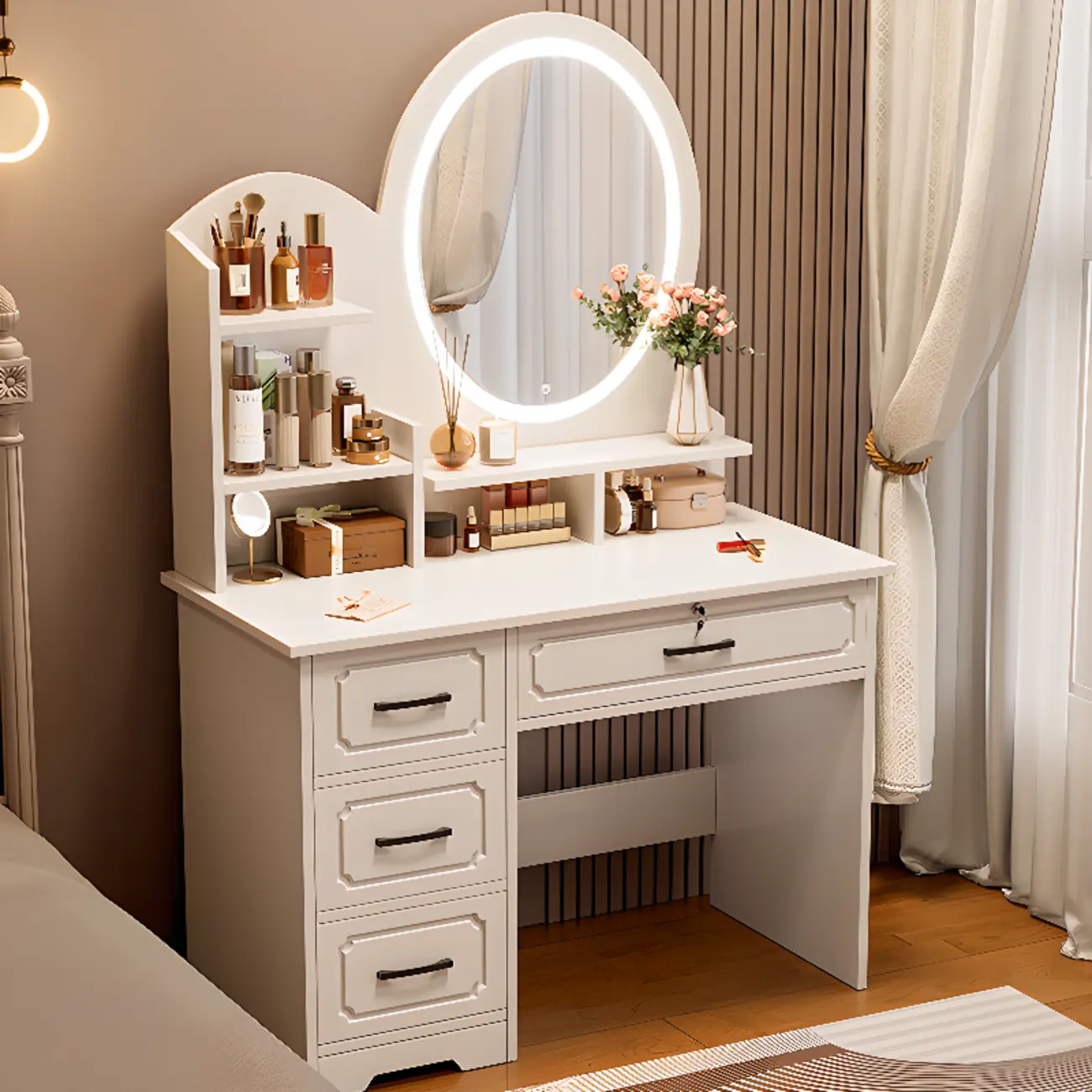 Bedroom White Wood Vanity Set with LED Mirror and Storage Image - 2 | homeyfad