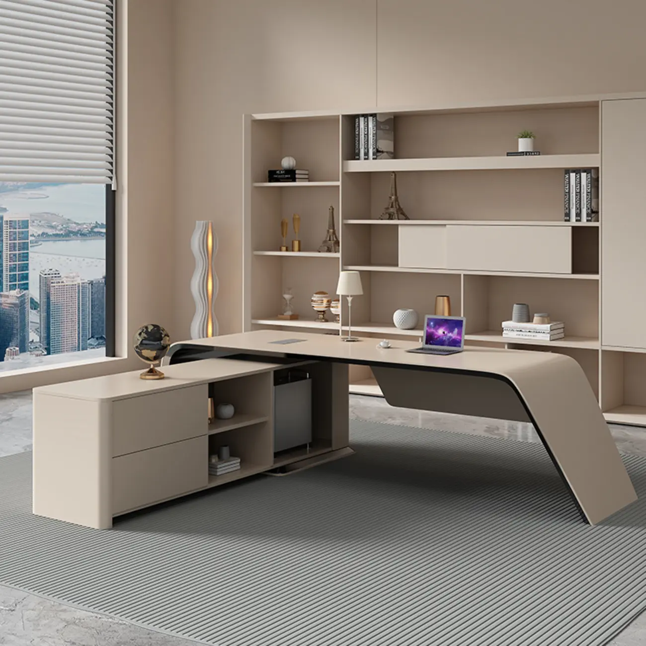 Large Modern L-Shape Beige Curved Office Desk with Storage Image - 2 | homeyfad