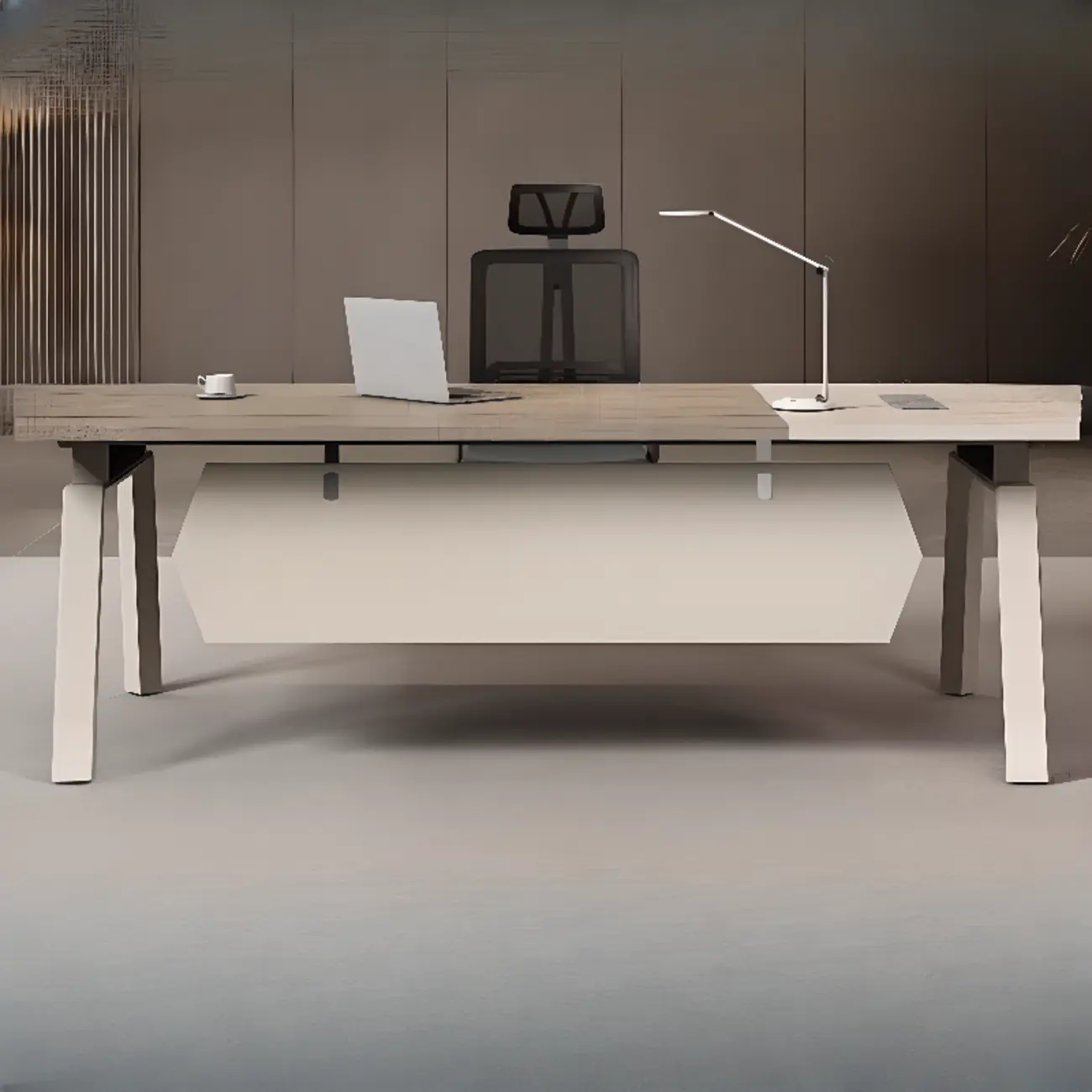Large Modern Beige Grey Wood Study Office Desk Image - 1 | homeyfad