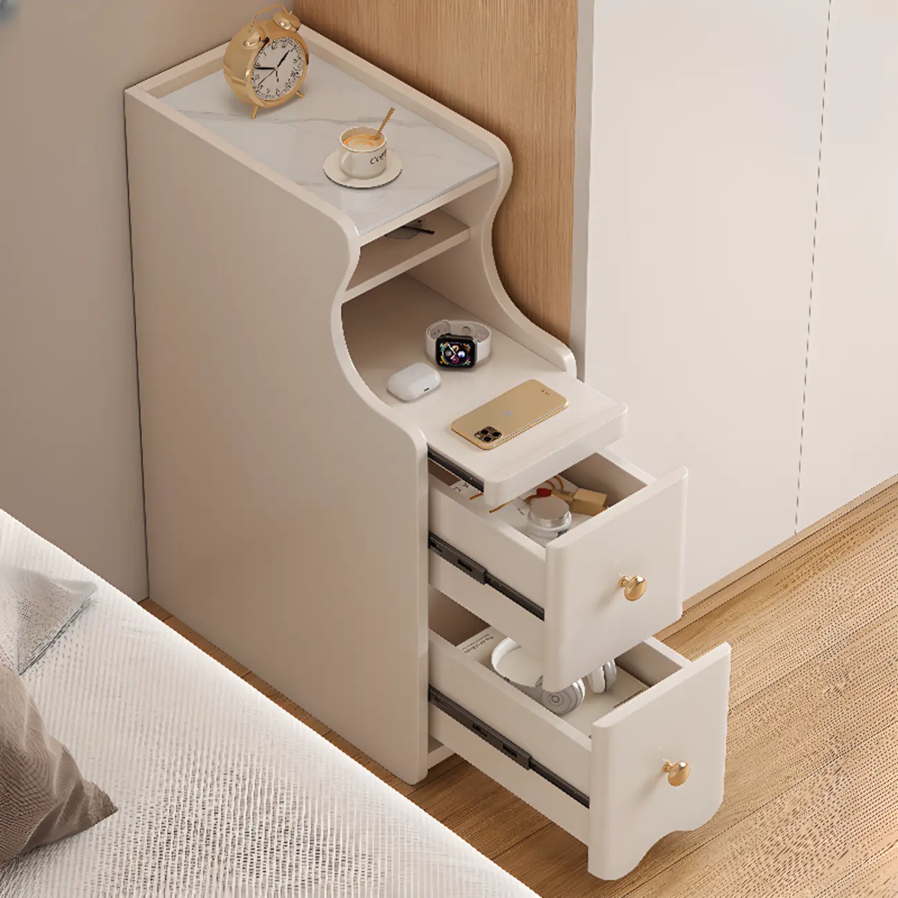 White Wood Faux Marble Open Storage Narrow Nightstand Image - 1 | homeyfad