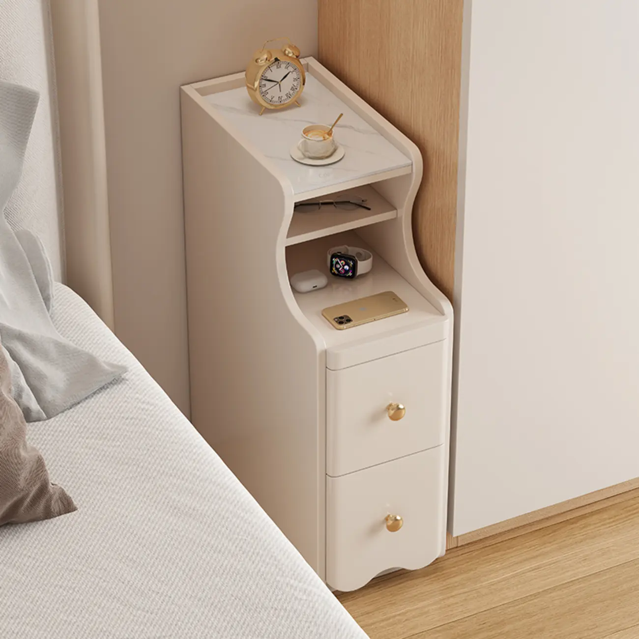White Wood Faux Marble Open Storage Narrow Nightstand Image - 2 | homeyfad
