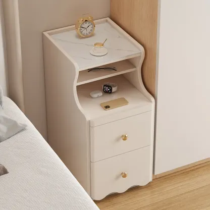 White Wood Faux Marble Open Storage Narrow Nightstand Image - 3