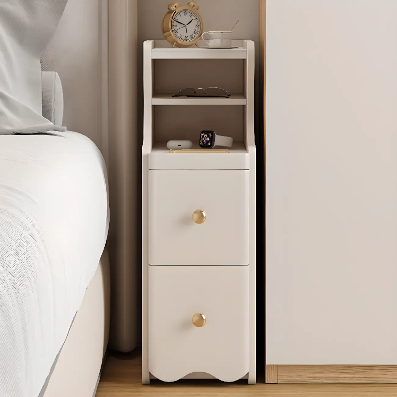 White Wood Faux Marble Open Storage Narrow Nightstand Image - 4
