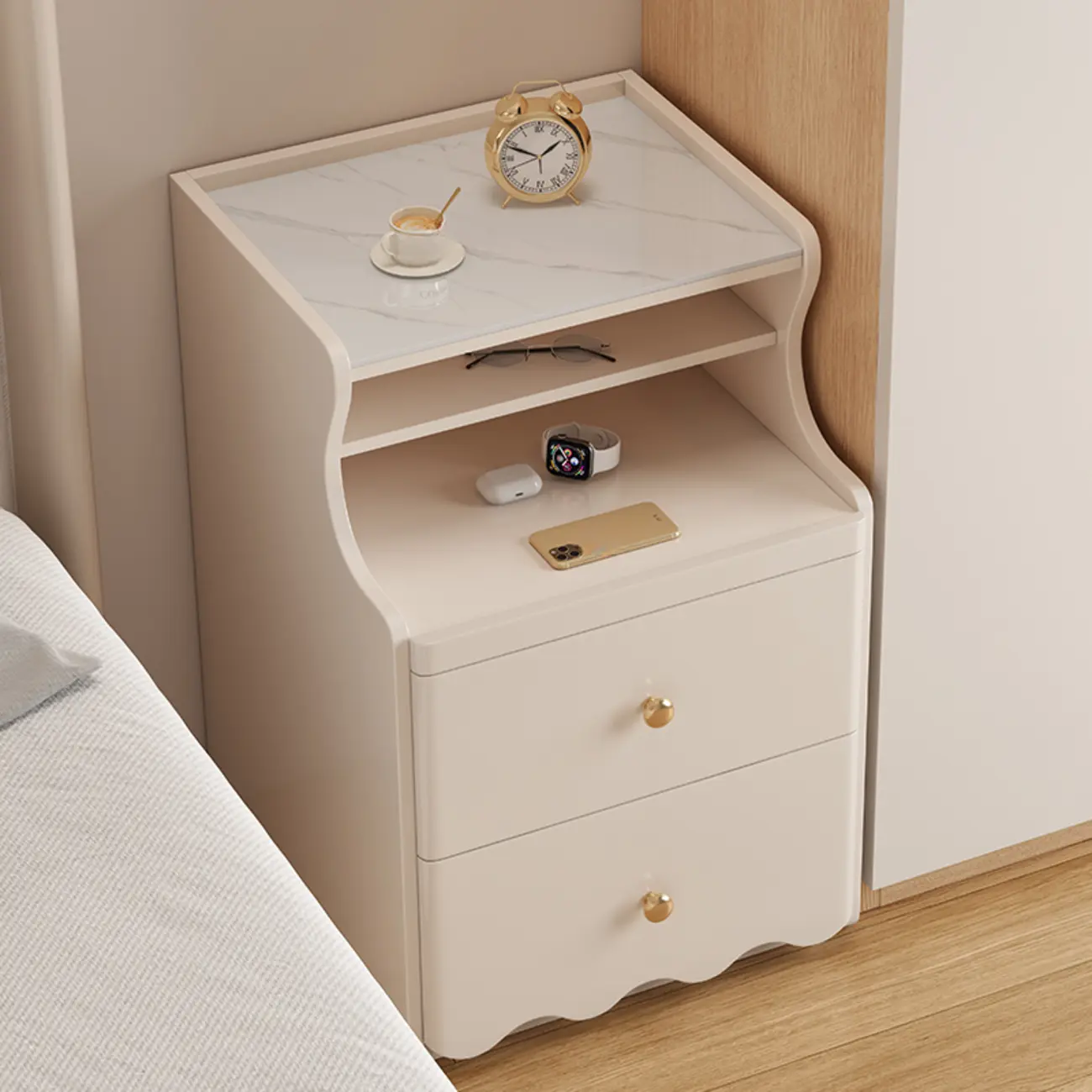 White Wood Faux Marble Open Storage Narrow Nightstand Image - 5 | homeyfad